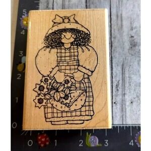 Dots Sunshine & Sunflowers S169 Woman Folk Art Flowers Rubber Stamp Wood #D23